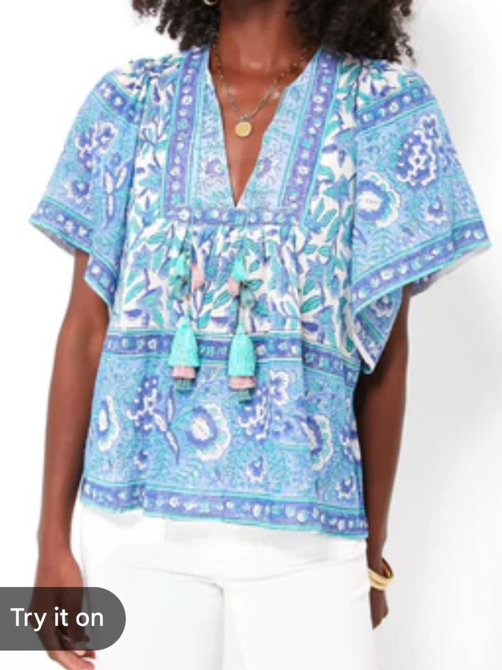 BELL by Alicia Bell Silk Cotton Blend Blue Floral Tassel Boho Resort Blouse XS